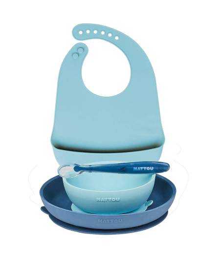 Vajilla Silicona 4 Piezas Azul Nattou Con Babero De Silicona