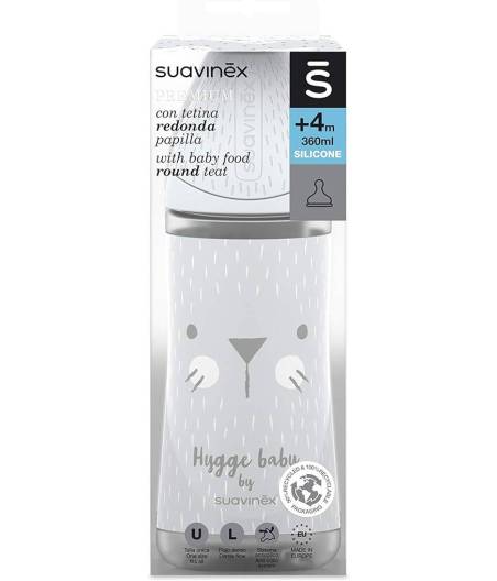 Biberon Premium de Vidrio 240ml Gris Con Tetina Redonda 3P Silicona Suavinex