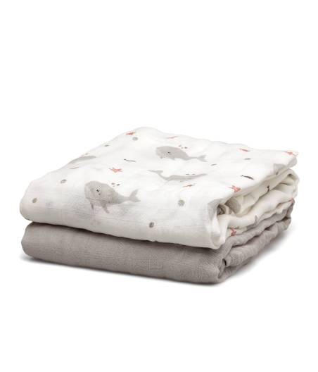 Muselina Bambu Gris Ballenas Kiokids