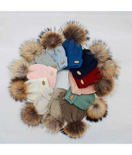 Gorro Gris/Azul Con Pompon Pelo Beige Monnuage
