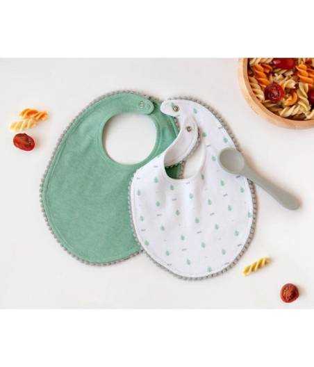 Pack Baberos y Cuchara Algodon Verde y Gris
