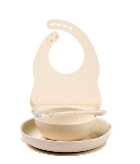 Vajilla Estrellas Silicona 4 Piezas Beige Nattou Con Babero De Silicona